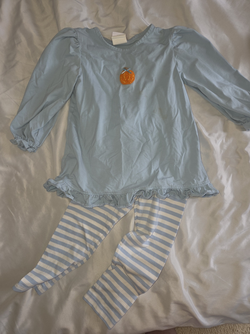 Light Blue Ruffle Tee With French Dot Pumpkin